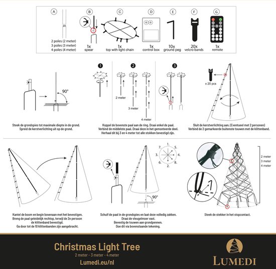 Lumedi - Kerstboom - Vlaggenmast Verlichting - 4 meter incl. mast - 640 Warm Wit Led Lampjes - Afstandsbediening - Voor Buiten - Lumedi