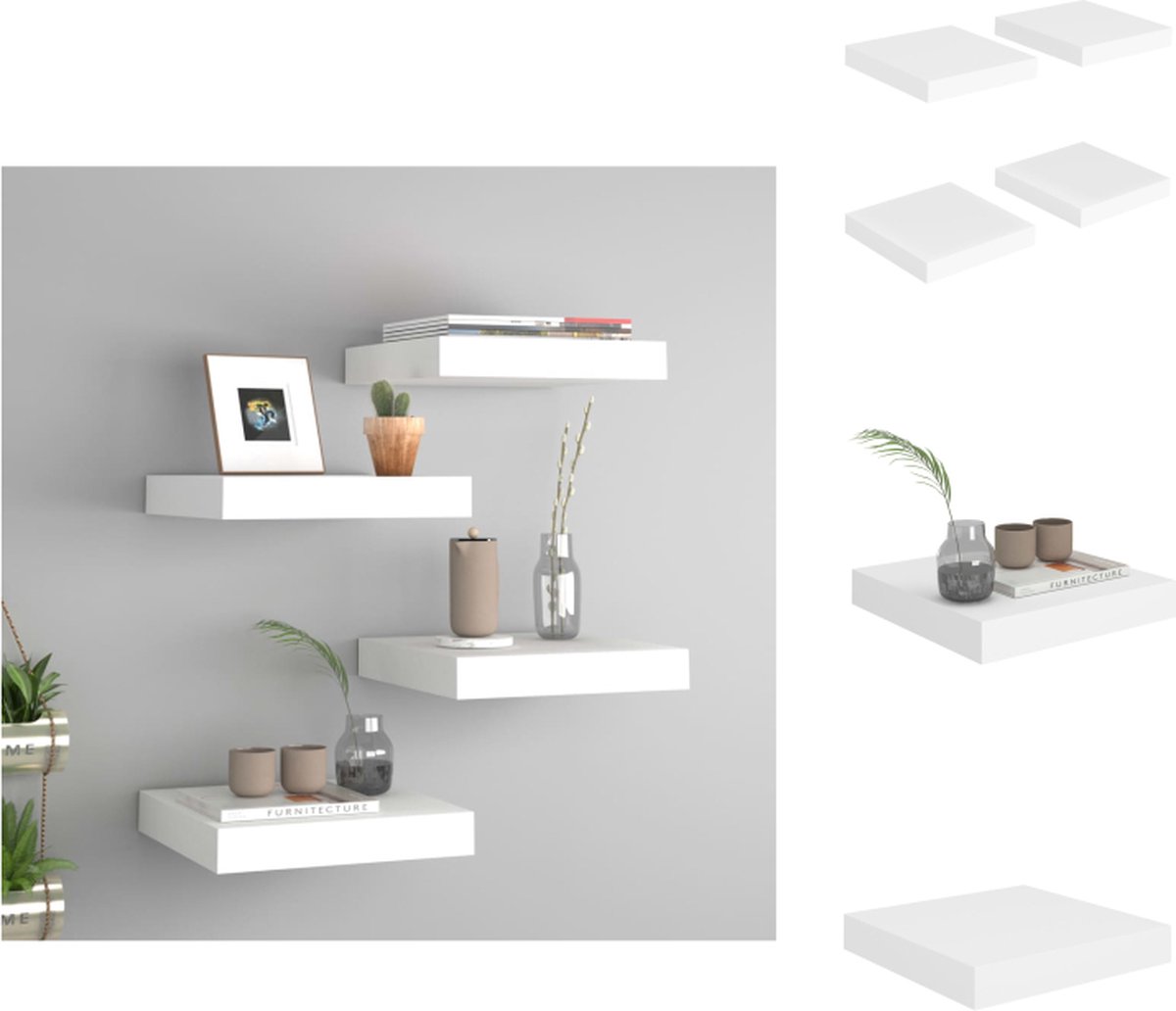VidaXL Wandplanken Trendy Set van 4 MDF Metaal 23x23.5x3.8cm Wit Wandsteun
