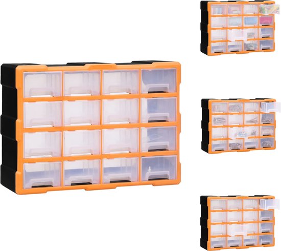 vidaXL Gereedschapsorganizer 16 medium lades - 52 x 16 x 37 cm - doorzichtig - oranje en zwart - Gereedschapskoffer