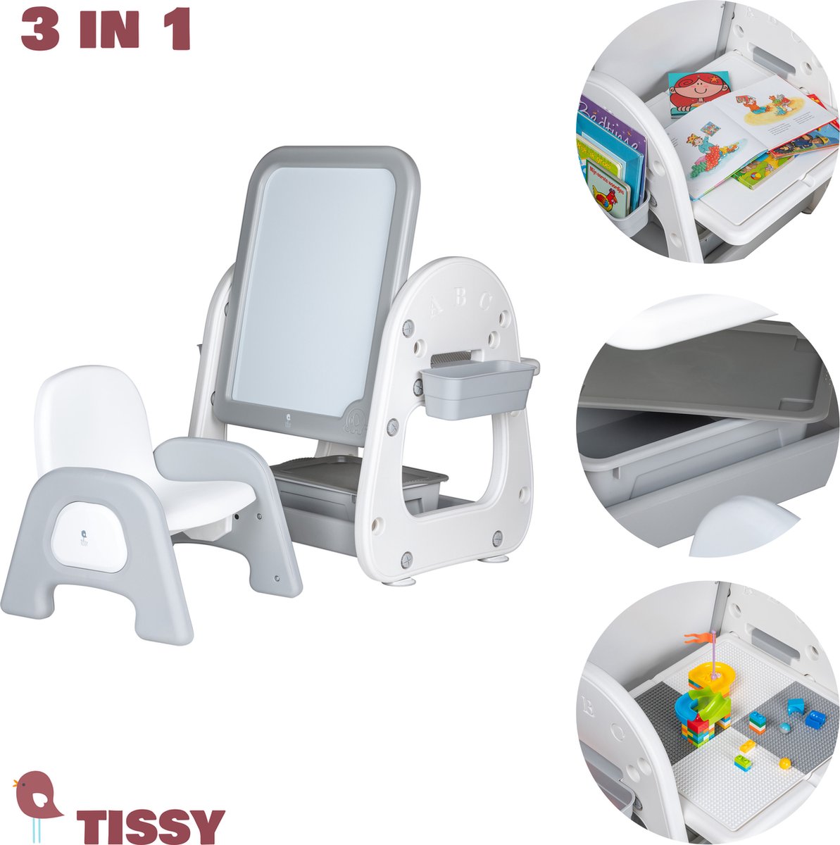 Tissy Whiteboard & Speeltafel voor Kinderen – Dubbelzijdig Schoolbord - Met Stoel & Bouwblokken – Tekentafel, Leertafel & Bouwtafel – Educatief Speelgoed 1–9 jaar
