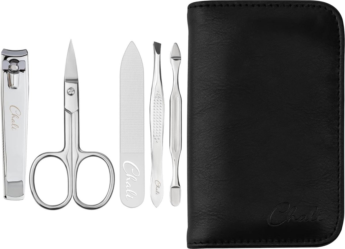 Goedkoopste Manicure Set 5-delig, Nagelset Roestvrij Staal voor Dames en Heren met Etui - Nagelschaar, Nagelknipper, Glazen nagelvijl, Nagelriem duwer, Pincet