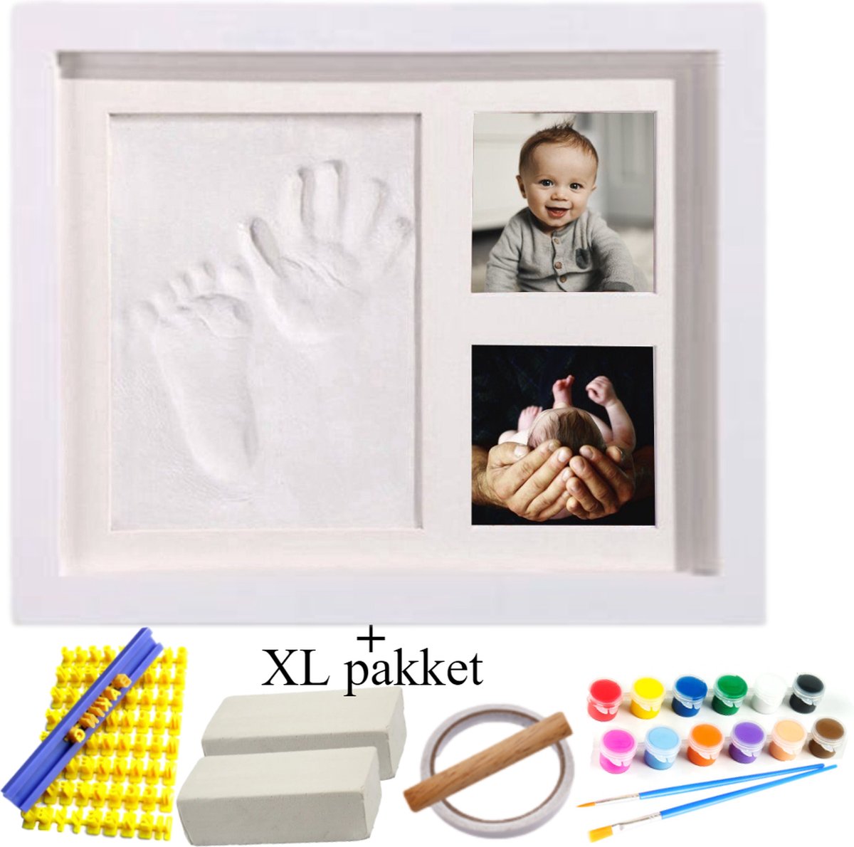 Goedkoopste Helofa Fotolijst met Nederlandse Klei Afdruk –XL pakket met 2 Afdrukken en 12 Delige Verfset– Baby Hand en Voet – Wit Lijstje – Kraamcadeau en Babyshower – Gipsbuik