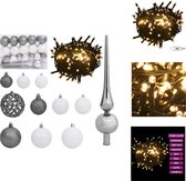 vidaXL Kerstballenset - Glanzend Wit/Glitterwit/Glanzend Grijs/Glittergrijs - 20x3cm/21x4cm/20x6cm - Met 150 LEDs en 8 lichteffecten - Kerstbalhaakjes