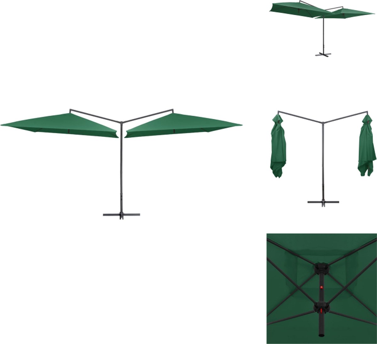 VidaXL Dubbele Parasol Groen 485 x 250 x 260 cm UV-beschermend polyester Stabiel en duurzaam Eenvoudig te monteren Parasol
