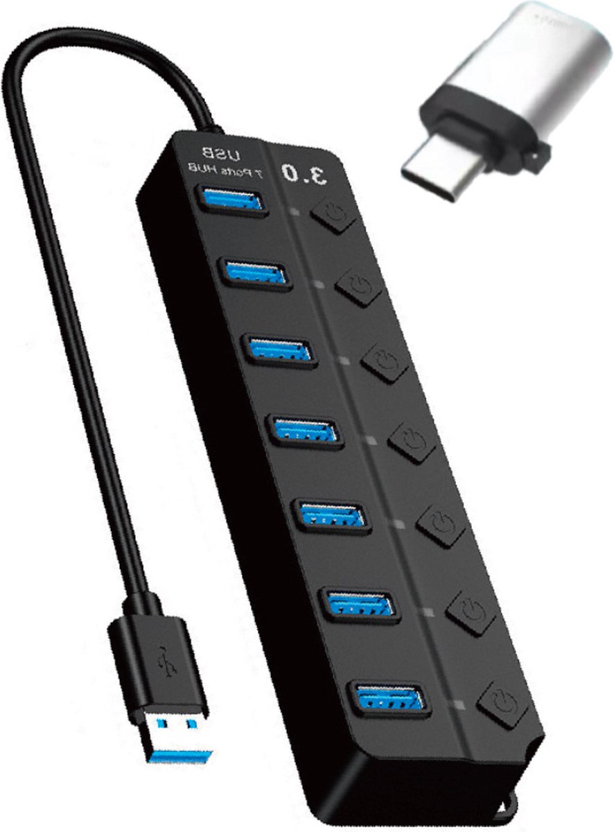 KOUVOLSEN USB 3.0 Hub - usb hub - 7 poorten - Incl. USB-C converter - USB splitter - Splitter - Zwart - 20cm kabel - Aan/Uit schakelaar - LED-indicator - Geschikt voor Windows, Mac OS, Linux - KOS-9017