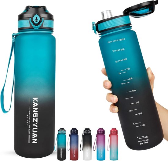 KollyKolla Bouteille Motivation 1L, Gourde Sport avec Filtre, Gourde Marqueur de Temps, Bouteille d'eau Étanche, Reutilisable pour Fitness, l' École, Bureau, Randonnée, Camping, Yoga