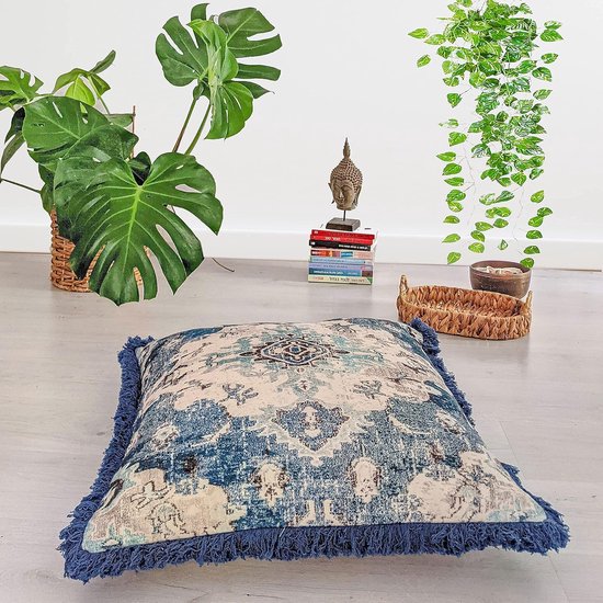 Meditation Cushion Cover - 65 cm with Fringes - Square Printed Boho Chic Floor Cushion Cover Cotton van Deco Home — afbeelding 2