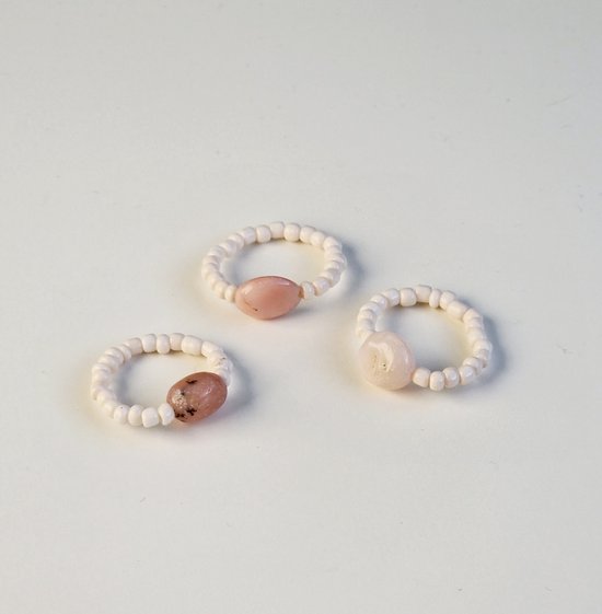 Edelstenen ring - Kralenring met steen - Opaal - wit - roze - Damesring