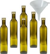 6 x bruine glazen fles/oliefles 500 ml met goudkleurige sluiting, lege flessen als voorraaddoos en azijnfles bruikbaar (incl. trechter Ø 12 cm), groen