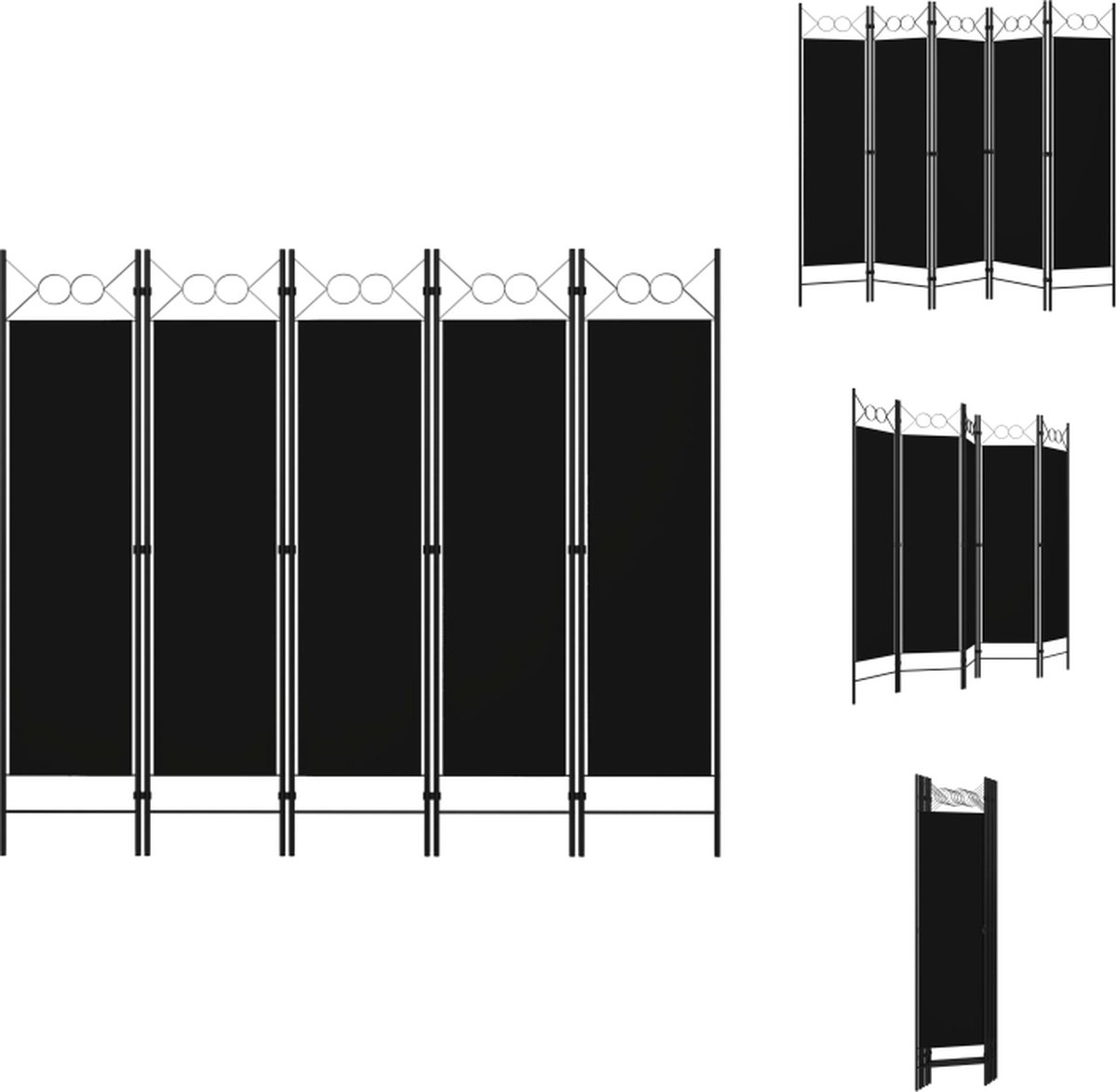 VidaXL Ruimteverdeler Zwart 200 x 180 cm Stoffen scherm Gepoedercoat ijzer 5 panelen Kamerscherm