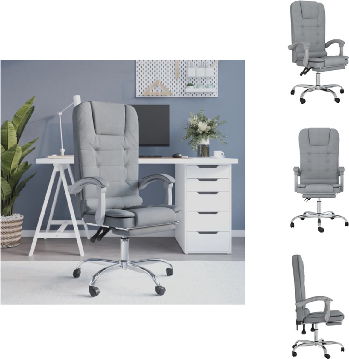 vidaXL Verstelbare Bureaustoel - Massagefunctie - Lichtgrijs - 63x56x(112.5-122) cm - Bureaustoel