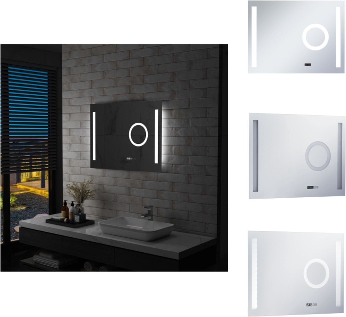 VidaXL Badkamerspiegel LED-verlichting 80 x 60 cm IP44 inclusief vergrotende spiegel en tijdweergave Spiegel