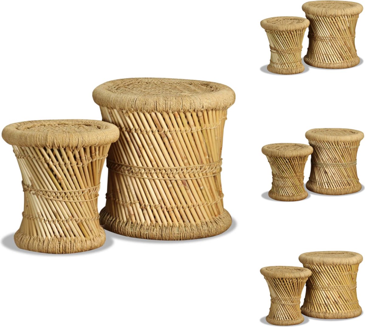 VidaXL Bamboe Krukken Set van 2 Handgemaakt Stapelbaar ø39x37cm ø31x31cm Bamboe en Jute Weerbestendig Krukje