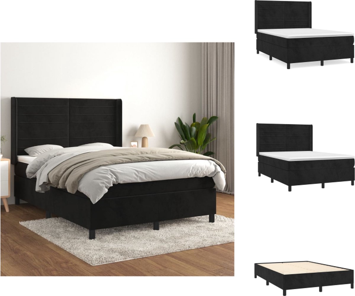 VidaXL Boxspringbed Zwart fluwelen bedframe Pocketvering matras Huidvriendelijk topmatras 203 x 147 x 118 128 cm Bed