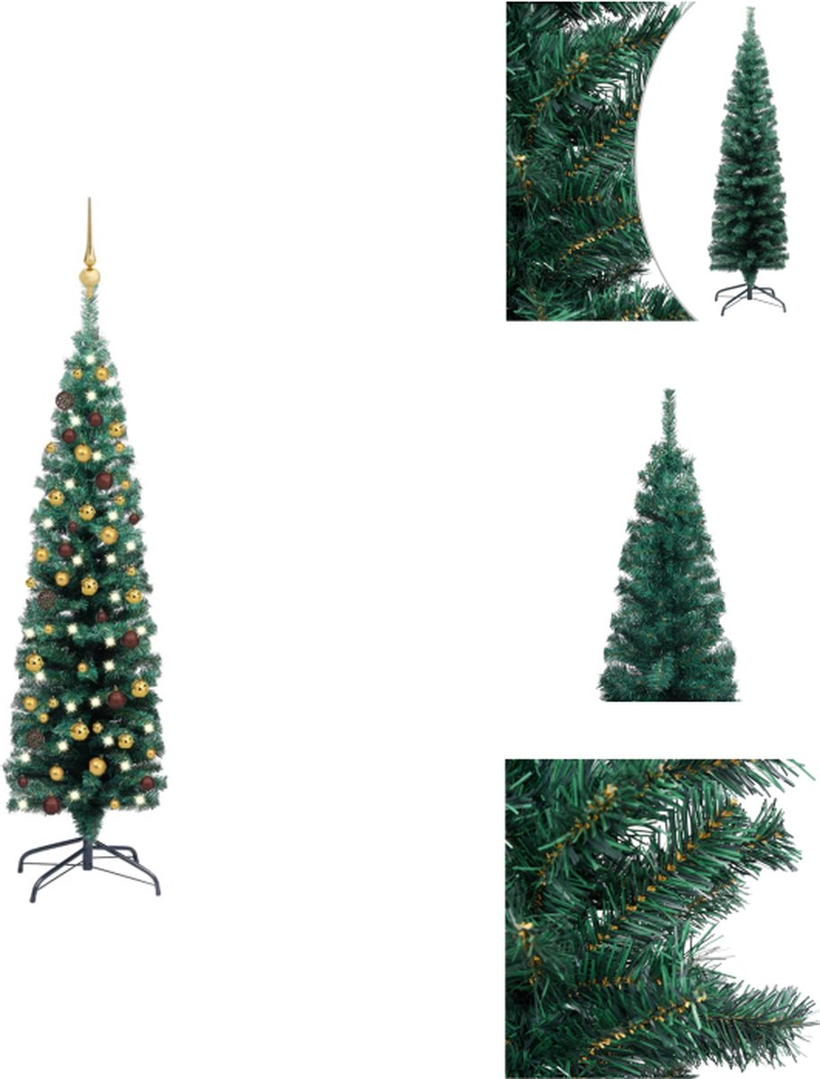 vidaXL Kunstkerstboom - Smalle PVC Boom - 120 cm - Met LED-verlichting - Groen - Decoratieve kerstboom