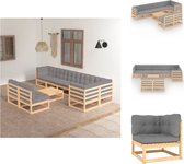 vidaXL Lounge set - Grenenhout - Grijs - 5x middenbank + 3x hoekbank + 1x tafel + 8x zitkussen + 11x rug/zijkussen - Tuinset