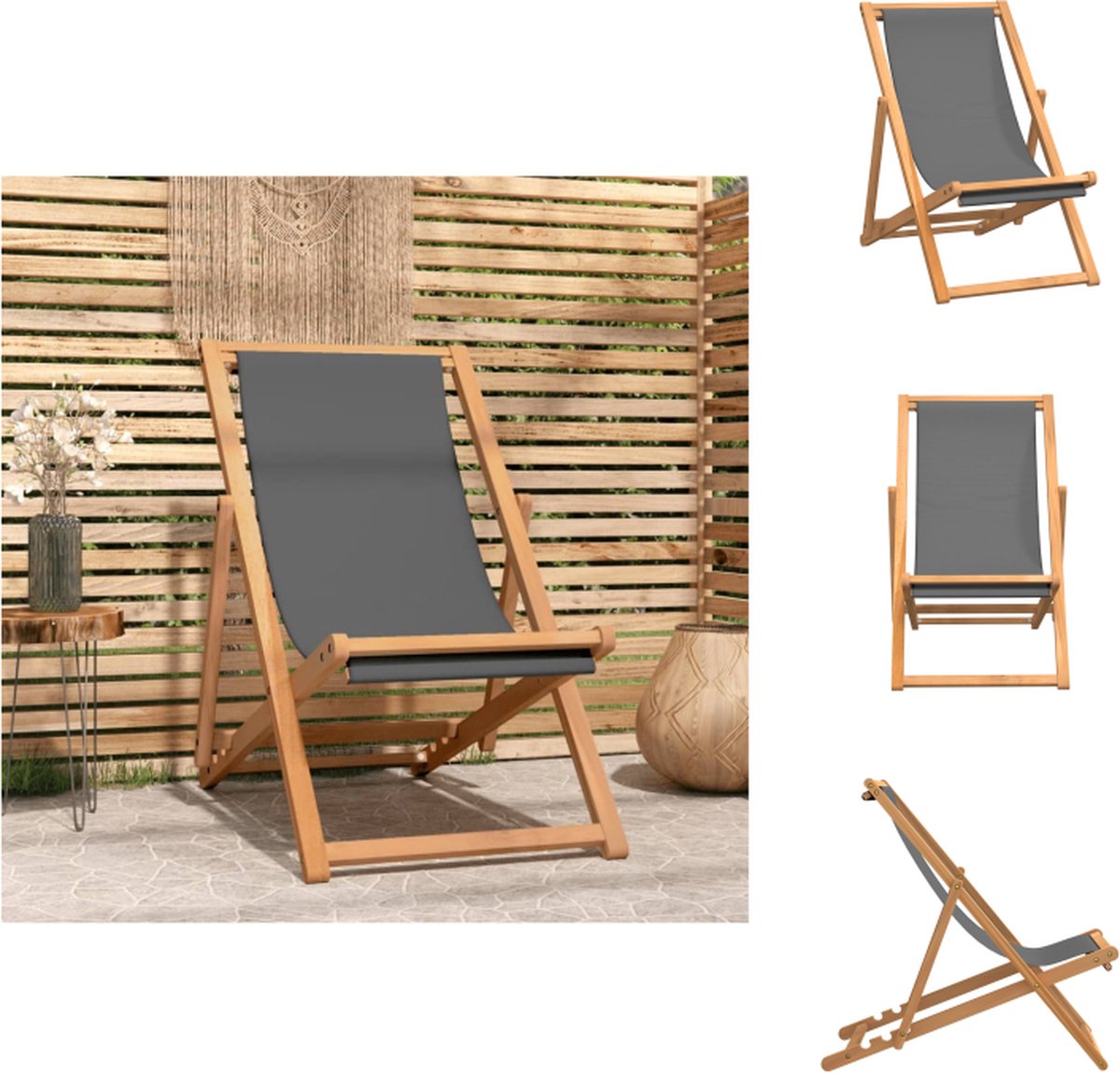 VidaXL Strandstoel Teakhout 56x105x96 cm Inklapbaar Grijs Tuinstoel