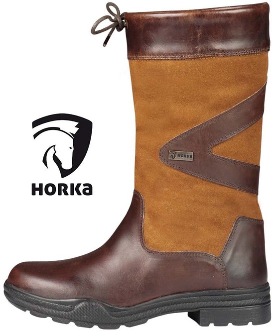 Bruine leren laars met suède schacht en Horka logo.