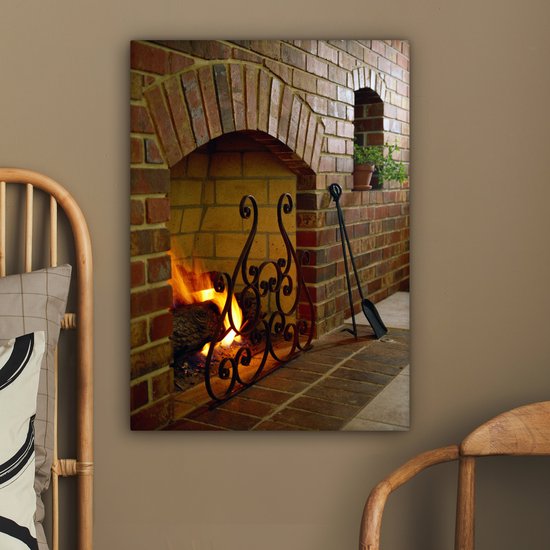 Feu dans une cheminée 60x80 cm - Tirage photo sur toile (Décoration murale salon / chambre)