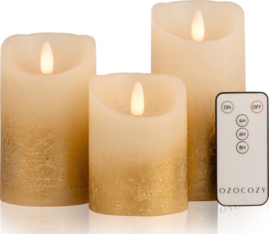Ozocozy - LED Kaarsen met Afstandsbediening - Goud - Led Kaarsen met Bewegende Vlam - Kaarsen op Batterijen - Veilig & Duurzaam - Realistische Kaarsen - Kerstverlichting - Wax - Cadeau