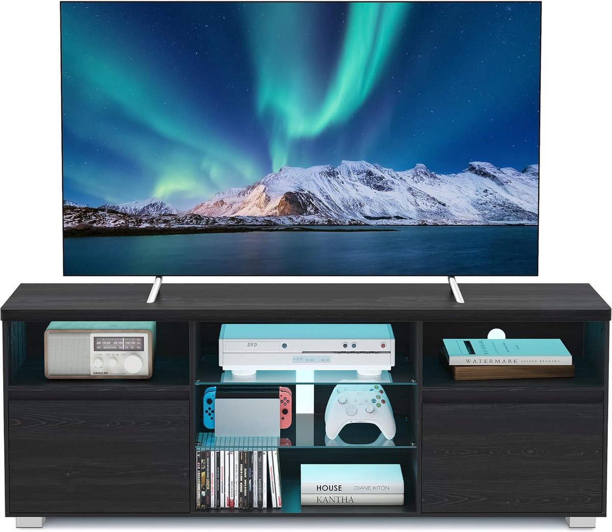 YATINEY tv-meubel, geschikt voor televisies tot 45'', media console met oplaadstation en LED-verlichting, zwevende tafelbladontwerp, entertainmentcentrum geschikt voor woonkamer, XDS03CDBR