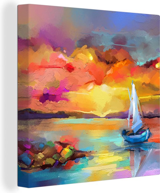 Canvas - Olieverf - Schilderij - Boot - Wolken - Kleuren - 20x20 cm - Interieur - Schilderijen op canvas