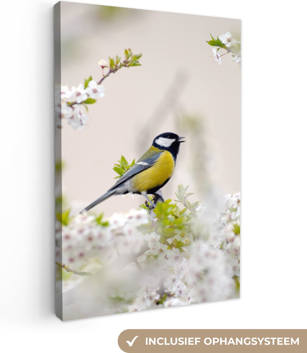 Canvas - Schilderij - Vogel - Koolmees - Bloemen - Bloesemboom - Wit - Schilderijen op can