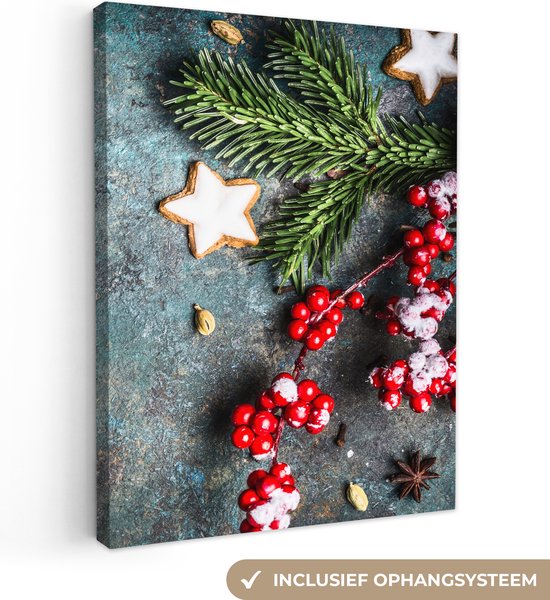 Canvas Schilderij Kerst - Rustiek - Takken - Steranijs - Bes - Rood - 60x80 cm - Wanddecoratie