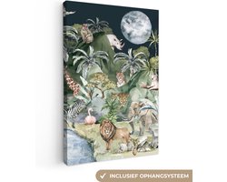 Canvas kinderen - Muurdecoratie kinderkamer - Jungle - Dieren - Rivier - Bomen - Bergen - Canvas schilderij - Kinder decoratie - 60x90 cm