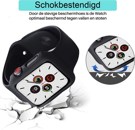 Zwarte Apple Watch met beschermhoes, op de grond gebroken als illustratie van schokbestendigheid.