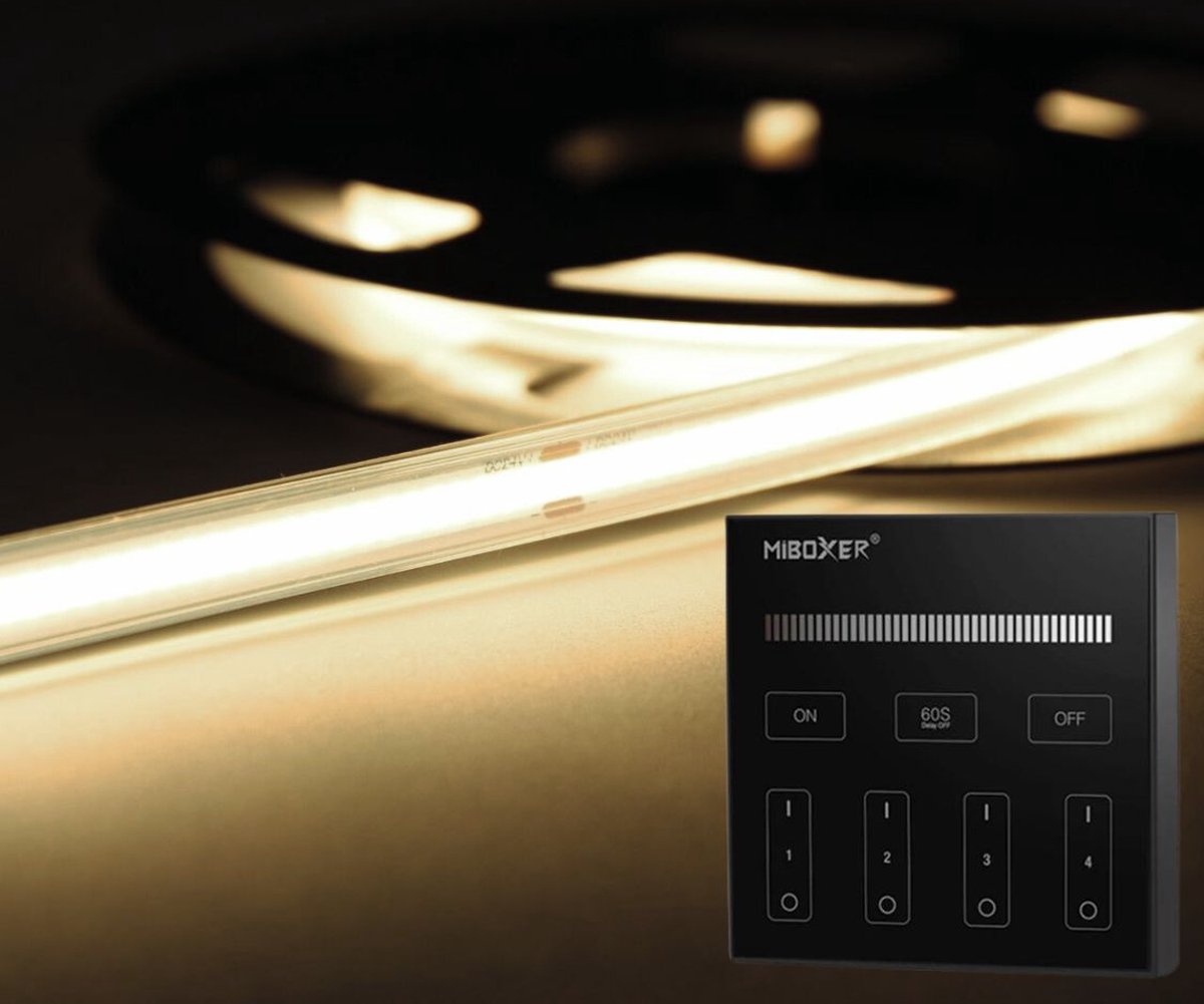 LED Strip COB - 10 Meter - Complete Set - 4000k - Neutraal Wit - 24V - IP65 Waterdicht - 480LED/m - Met Draadloze Mi-Light(MiBoxer) Touch Wandbediening(Zwart)