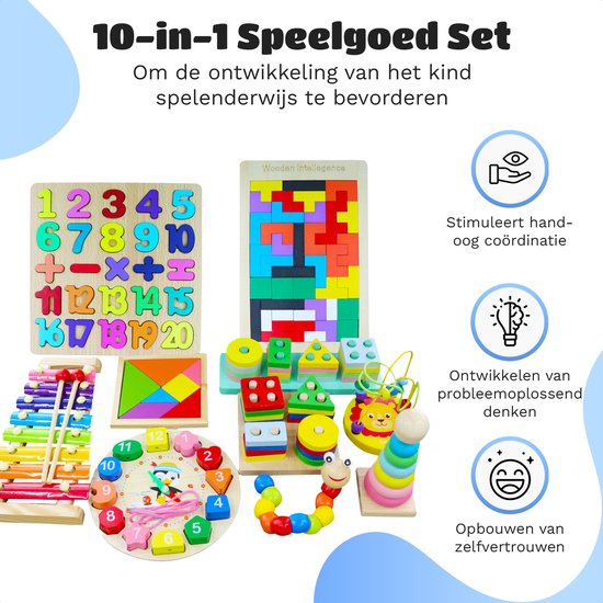 EverGoods 10- in 1 Montessori Speelgoed Set - Educatief Speelgoed - Sensorisch Speelgoed - Houten blokken — afbeelding 2