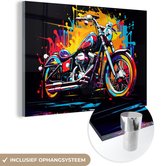 MuchoWow® Glasschilderij 120x80 cm - Schilderij glas - Motor - Bike - Graffiti - Neon - Kleuren - Foto op acrylglas - Schilderijen