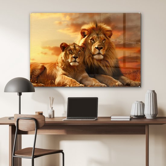 MuchoWow® Peinture sur verre 120x80 cm - Peinture sur verre - Lions - Coucher de soleil - Afrique - Savane - Animaux - Photo sur verre acrylique - Peintures