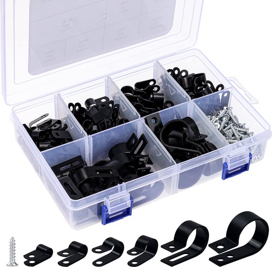 Samulee 114 Stuks Nylon R-Type Kabel Klem Zwart Nylon R-Clips Nylon Kabelklemmen Nylon Plastic R-type Kabelklemmen Klemset met Schroevendraaier en Schroefs voor Organiseren en Bevestigen van Draad
