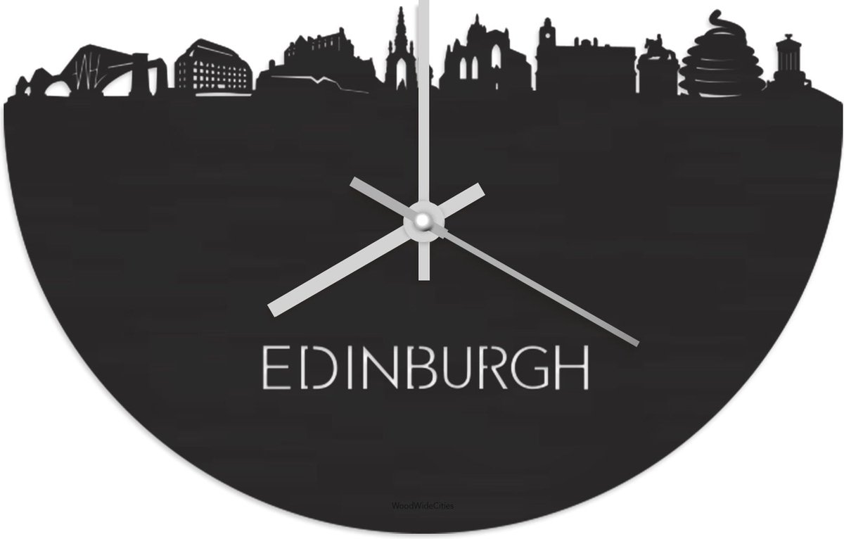 Skyline Klok Edinburgh Zwart hout - Ø 40 cm - Stil uurwerk - Wanddecoratie - Meer steden beschikbaar - Woonkamer idee - Woondecoratie - City Art - Steden kunst - Cadeau voor hem - Cadeau voor haar - Jubileum - Trouwerij - Housewarming -