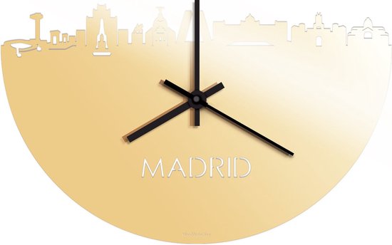 Skyline Klok Madrid Goud Metallic - Ø 40 cm - Stil uurwerk - Wanddecoratie - Meer steden beschikbaar - Woonkamer idee - Woondecoratie - City Art - Steden kunst - Cadeau voor hem - Cadeau voor haar - Jubileum - Trouwerij - Housewarming -