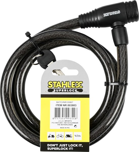 Stahlex Kabelslot - spatwaterdicht - solide staal - 1400 mm - zwart - 3 sleutels van Stahlex — afbeelding 2
