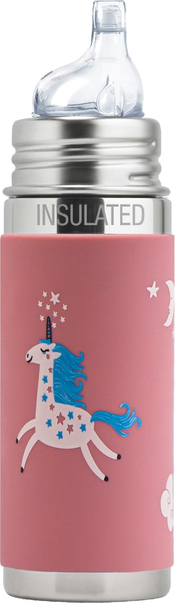 Pura Thermos Tuitfles 260 ml - Thermoskan - Thermosfles - Plasticvrij - Met Isolatiewand - Inclusief Siliconen Tuit, Reisdop en Sleeve - Roze Unicorn