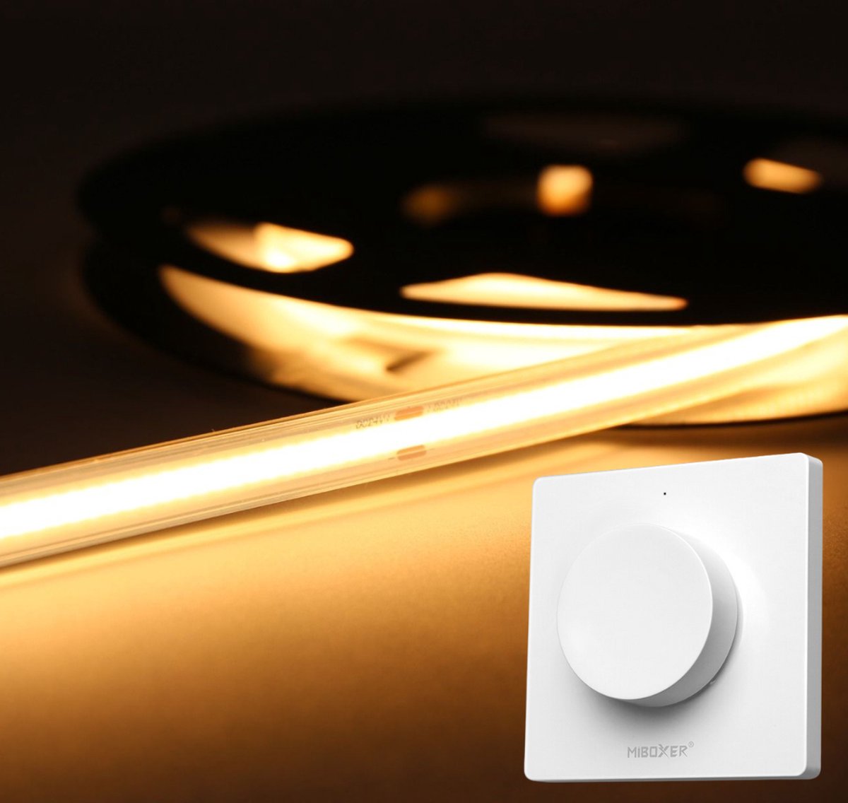 LED Strip COB - 10 Meter - Complete Set - 2700k - Warm Wit - 24V - IP65 Waterdicht - 480LED/m - Met Draadloze Mi-Light(MiBoxer) wanddimmer(Wit)