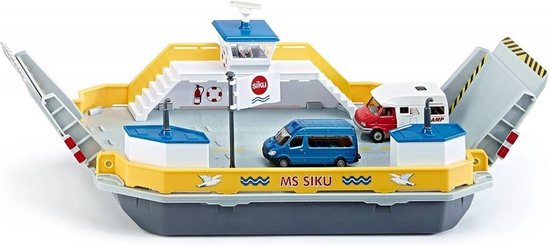 SIKU 1750, Autoveerboot, 1:50, metaal/kunststof, incl. 2 speelgoedauto's, geel/grijs, kan drijven, beweegbare oprijplaten
