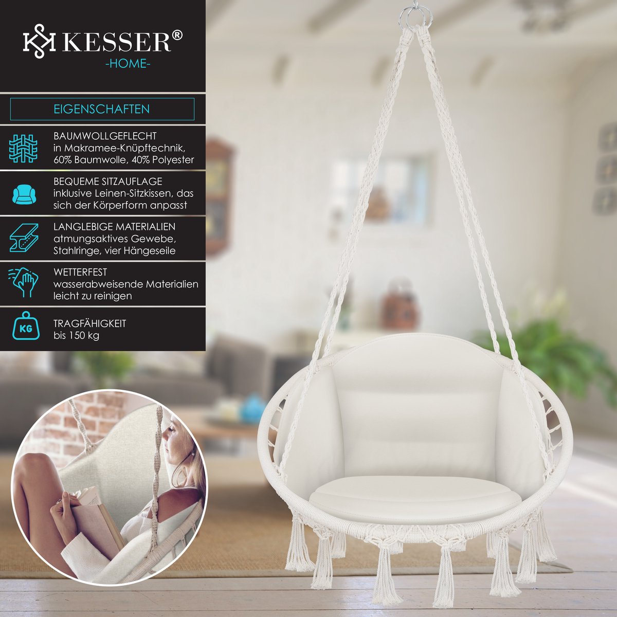 PillowPrim Hangstoel outdoor kussen, hangmat, zitkussen, nestschommelkussen voor comfort, wasbaar rond kussen, beige, 65 cm