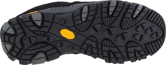 Zool van een zwarte Merrell wandelschoen met 'Vibram' logo.