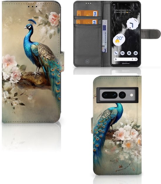 Telefoonhoesje met Pasjes voor Google Pixel 7 Pro Vintage Pauwen