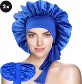 Xaria Slaapmuts - Dubbelzijdige Satijnen Bonnet met Verstelbare hoofdband met Lange Lussen - Bonnet van Satijn - Haarnetjes - Blauw