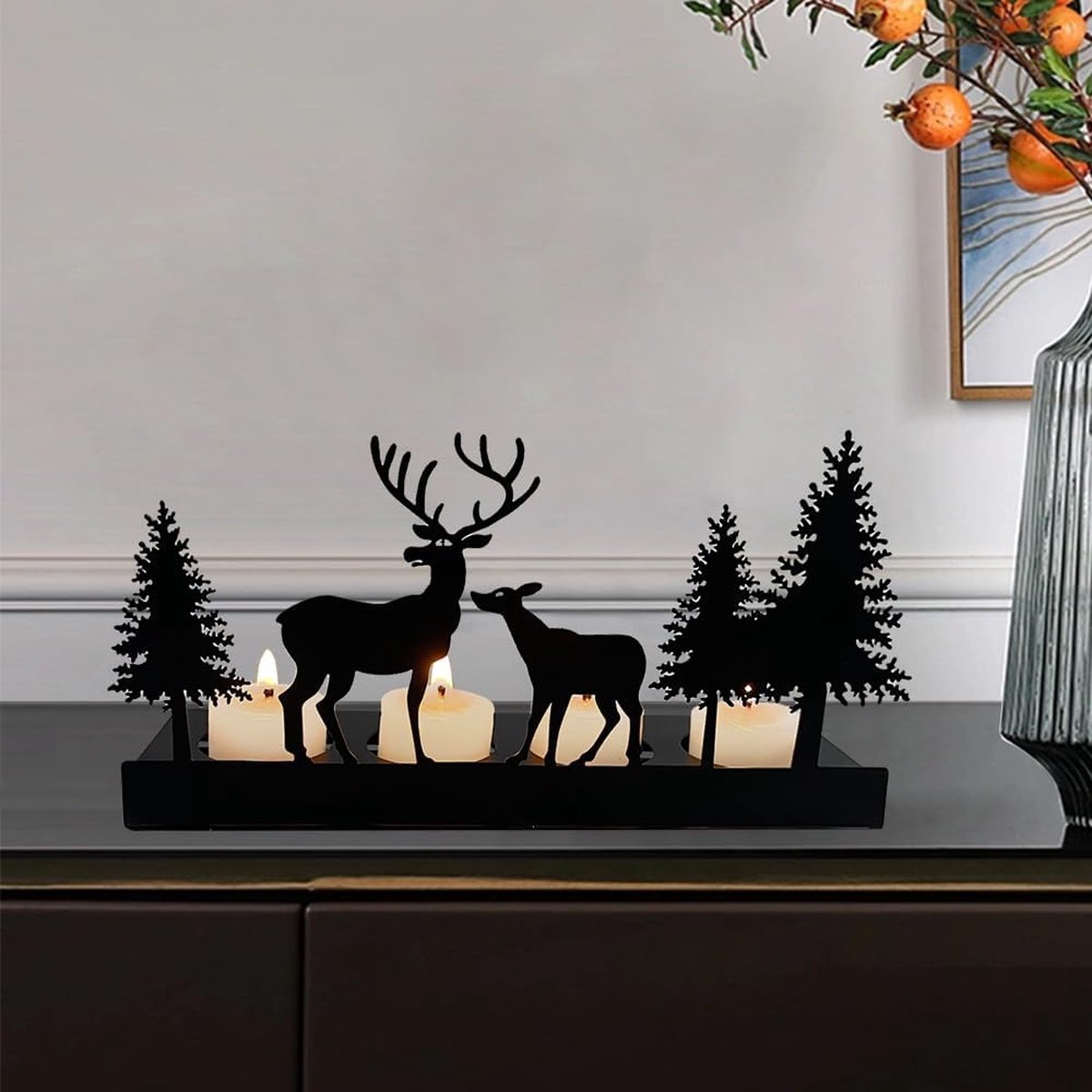 Kaarsenhouder, adventskrans, zwart, voor 4 cm theelicht