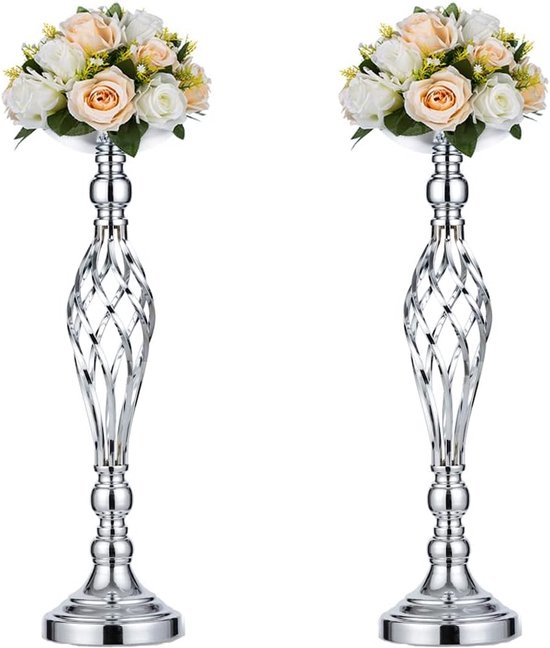 Set van 2 hoge metalen bruiloftsdecoraties voor receptietafels, zilveren bloemenvaasstandaard, stompkaarshouder, decoratie voor hotel, restaurant, bar thuis, 52 cm×2