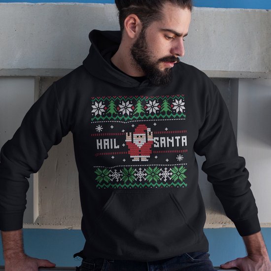 Foute Kerst Hoodie - Kleur Zwart - Hail Santa Snowy Trees - Maat 3XL - Uniseks Pasvorm - Kerstkleding voor Dames & Heren
