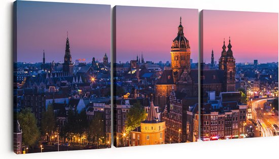 Artaza Canvas Schilderij Drieluik Amsterdam Skyline Bij Zonsondergang - 90x40 - Foto Op Canvas - Canvas Print