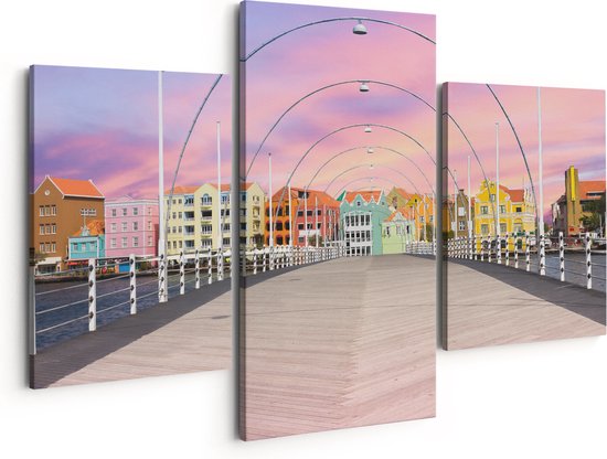 Artaza Canvas Schilderij Drieluik Willemstad Gekleurde Huisjes in Curaçao - 150x120 - Groot - Foto Op Canvas - Canvas Print